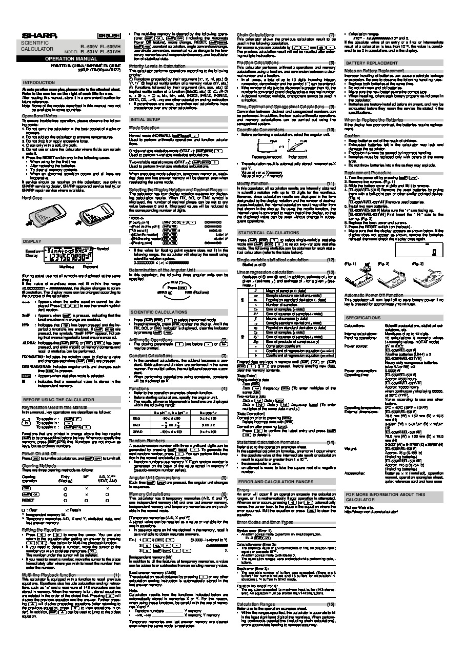 Statistics on Sharp EL-531WH Arizona State University